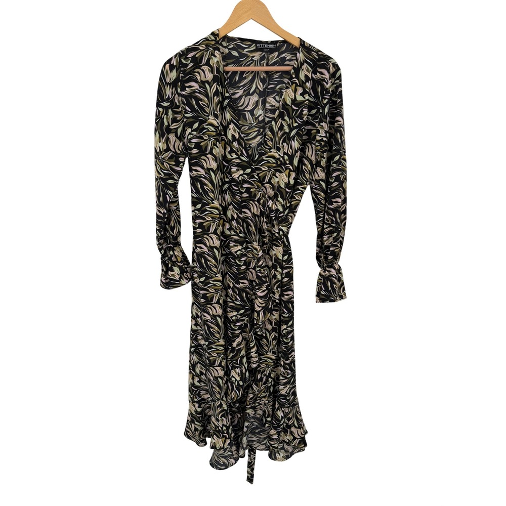Kittenish Womens Botanical Leaf Print Wrap Midi Dress Black Green Ruffle Size M